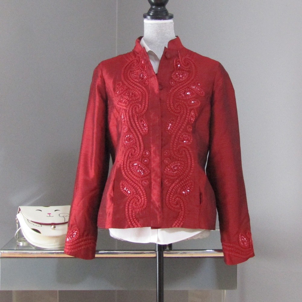 Chico's Dark Red Sequin Ribbon Blazer Jacket